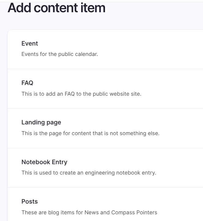 content types in the CMS
